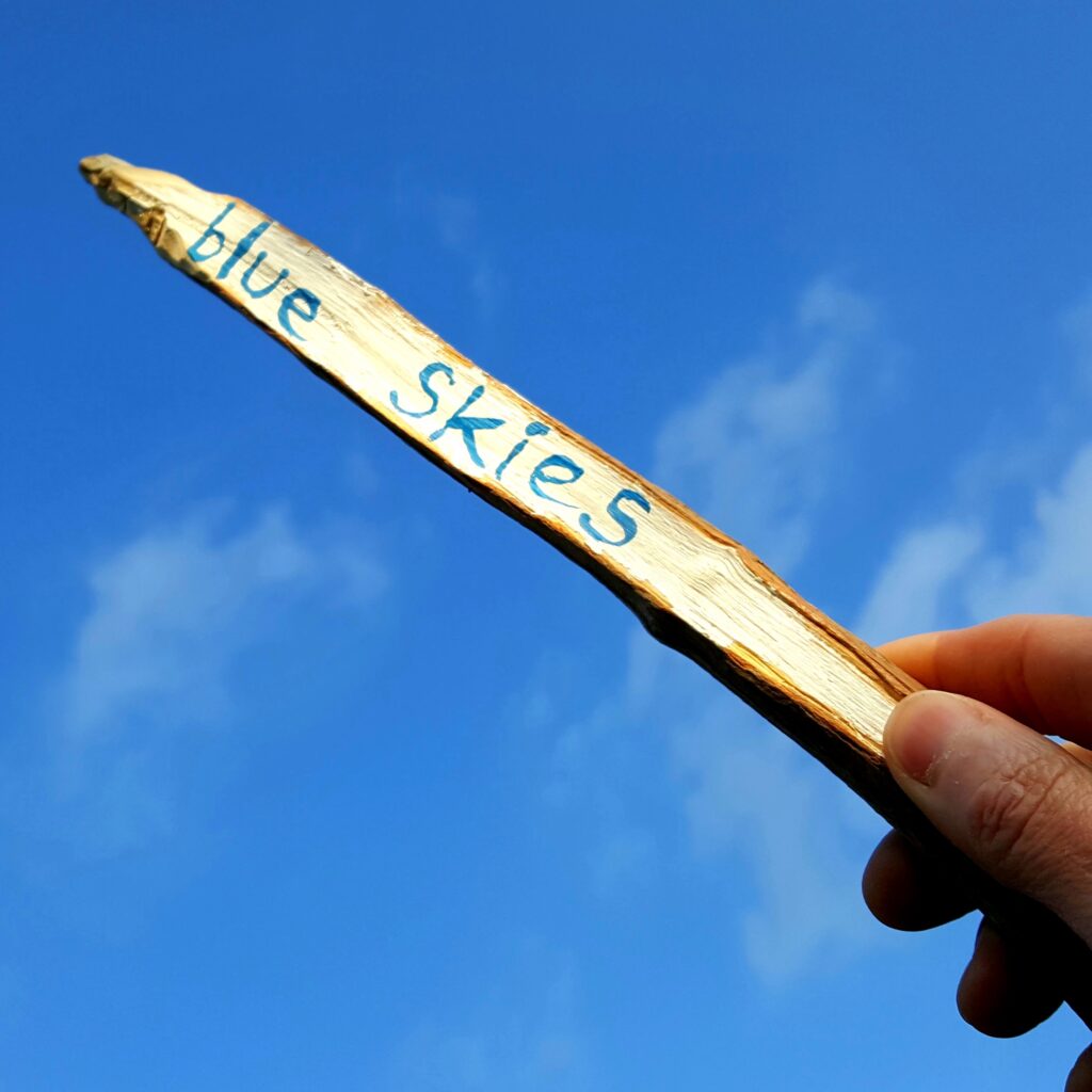 A white hand holds a painted stick in front of a blue sky. The writing on the stick reads "blue skies"