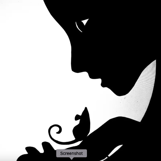 A silhouette of a girl's face. She is holding a mouse with a curly tail in her hand.